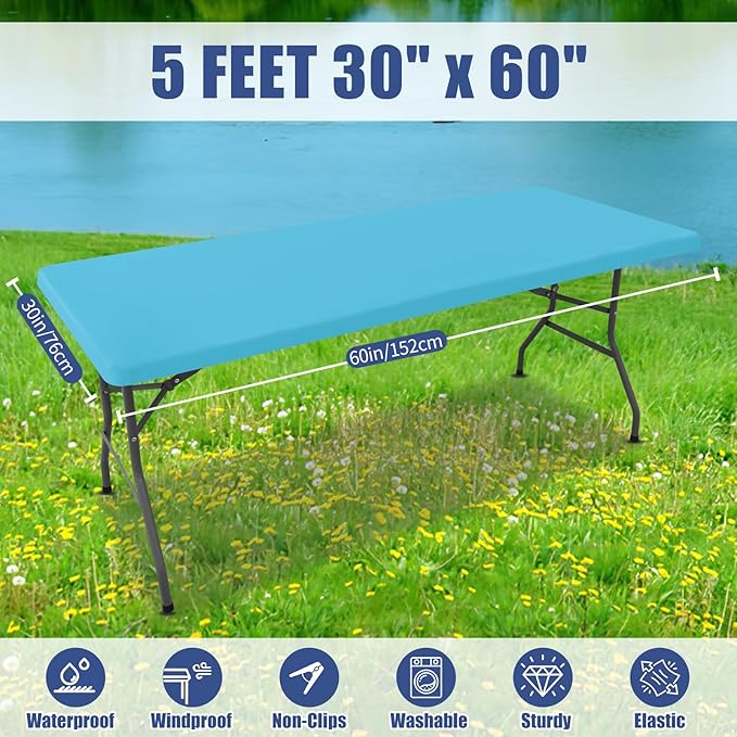 Spandex 5 Foot Rectangle Table Cloth 2 Pack, Elastic Fitted Tablecloths for Picnic, Stretch Washable Patio Table Cover for Outdoor, Camping, Banquet and Parties (Blue Mist, 30"x60")