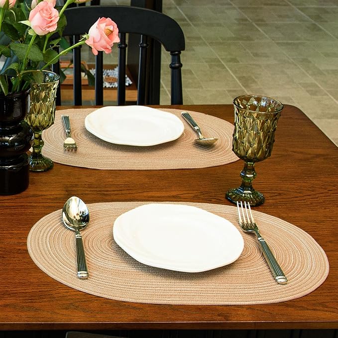 Noctiflorous Oval Braided Placemats Set of 6 Woven 12x18 Inch Non Slip Washable Heat Resistant Place Mats Round Tablemats for Dining Kitchen Party Daily Table Decor Dinner Mats (Beige Brown, 6)