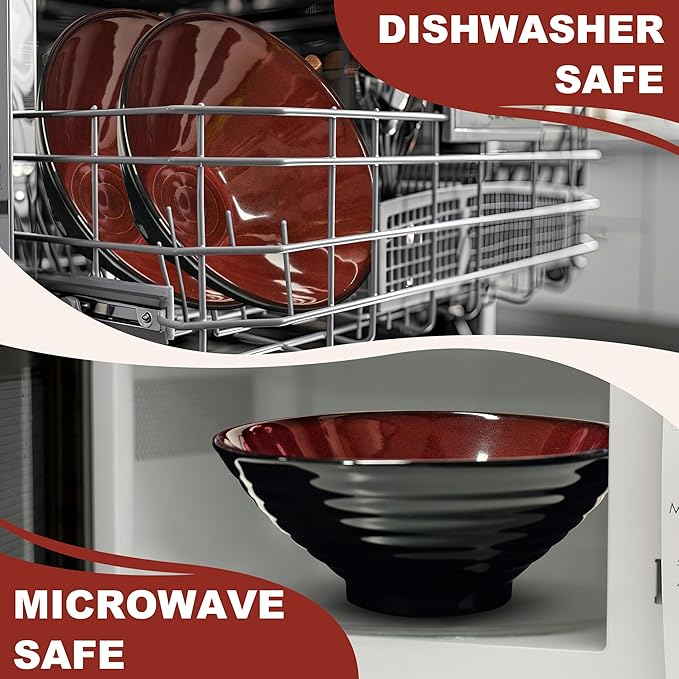 9.4-Inch 4 Sets Ceramic Ramen Bowl (16 Piece) - Japanese Porcelain Dishwasher Microwave Safe Salad Noodles Cereal Pasta Soup Large Bowls with Chopsticks Forks Spoons for Men Women Housewarming Gift
