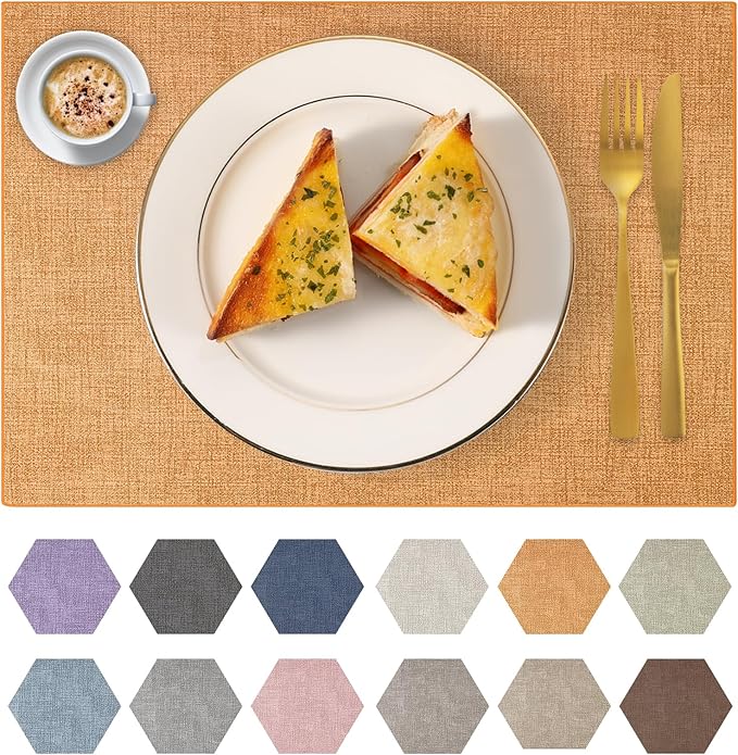 Faux Leather Placemats Set of 8 Washable PU Table mats for Kitchen Table - Heat Resistant, Waterproof, Easy Clean, Anti Slip 11.8" x 17" (Yellow-8 Pack)