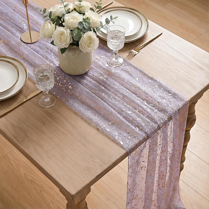Artoid Mode Grayish Purple Gold Gauze Table Runner 120 Inch 10FT, Glitter Metallic Foil Sheer Dining Wedding Anniversary Holiday Birthday Table Decor for Home Party
