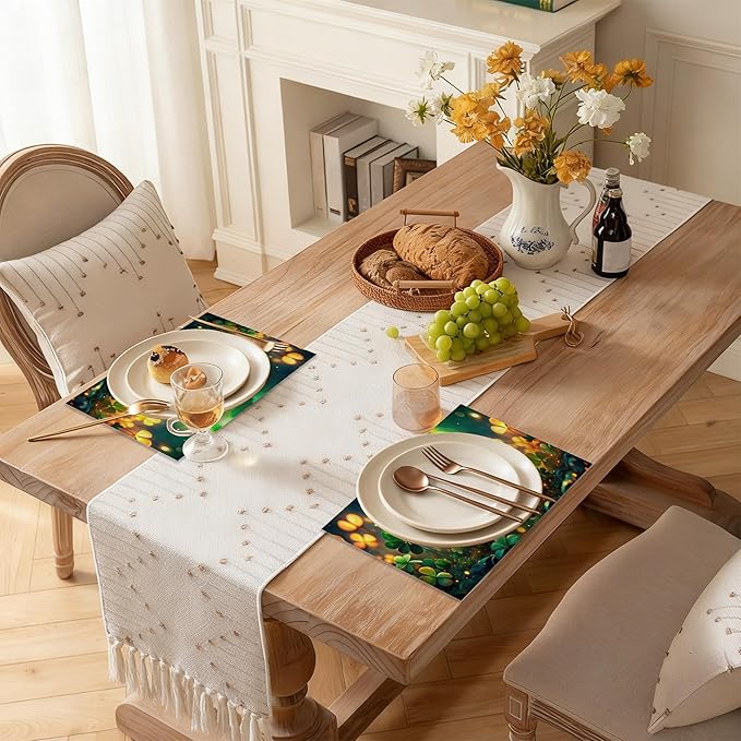 St Patrick's Day Green Grass Placemats Set of 6, Linen Washable for Christmas, Thanksgiving, Party, and Daily Dining, Decorative Table Mats for 4-6 Person Table