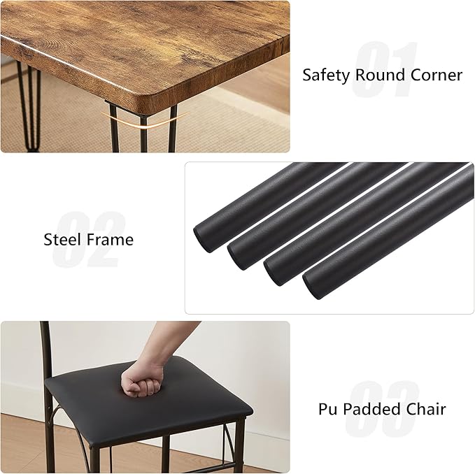 VECELO Dining Table Set for 4, Kitchen Table Set with 4 Chairs for Small Space, Space-Saving and Modern Design, Apartment, Easy to Assemble,Classic Brown