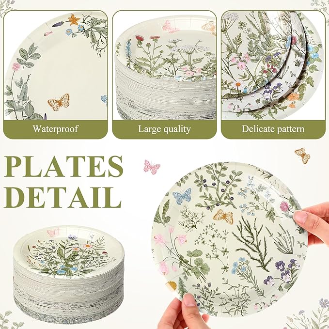 Umigy 120 Pcs Summer Wild Floral Paper Plates 7 Inch Party Plates, Flower and Butterfly Dinner Tableware Watercolor Flower Tea Party Dessert Tableware for Birthday Wedding Baby Shower Bridal Shower