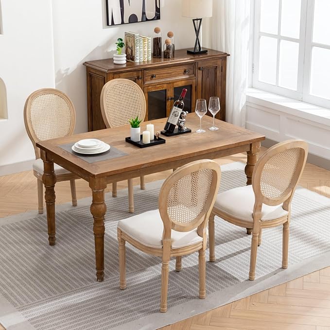 Vintage French Rattan Dining Chairs Set of 4, Solid Wood Frame with Round Rattan Back and Linen Upholstered Seat, Farmhouse Accent Sillas de Comedor Side Chairs for Dining Room & Kitchen, Beige