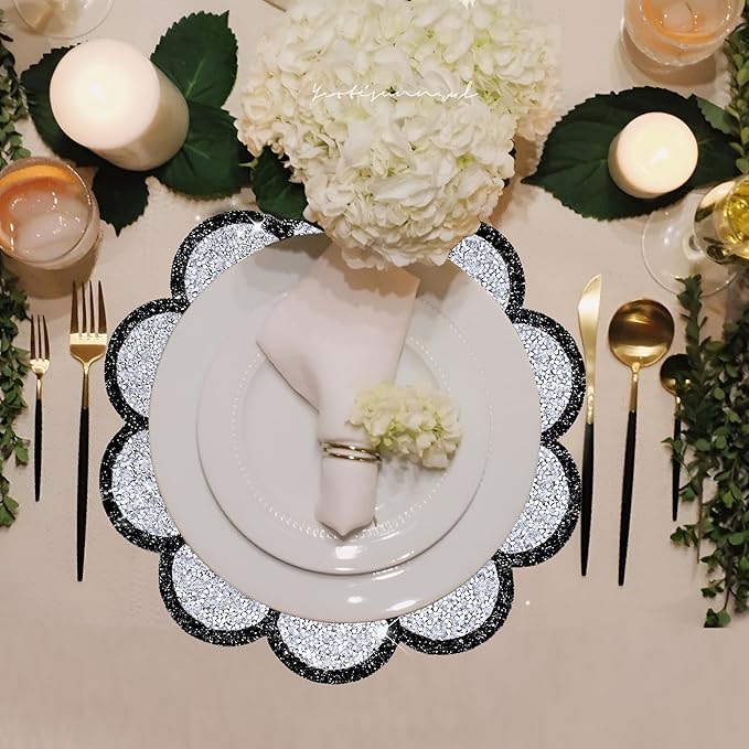 Washable Waterproof Diamond Circle Placemats for Round Tablescape Decor for Dinner and Kitchen Bling Placemats for Weddings & Special Events -2 PCS (Silver and Black)