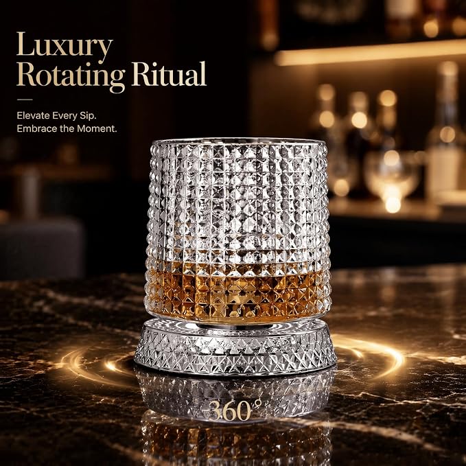 Spinning Whiskey Glass with Large Ice Ball Mold, 360° Rotating Crystal Rocks - Image 3