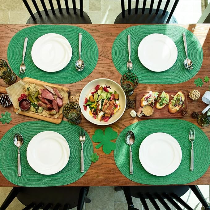 Noctiflorous Oval Braided Placemats Set of 8 Woven 12x18 Inch Non Slip Washable Heat Resistant Place Mats Round Tablemats for Dining Kitchen Party Daily Table Decor Dinner Mats (Green Shine, 8)
