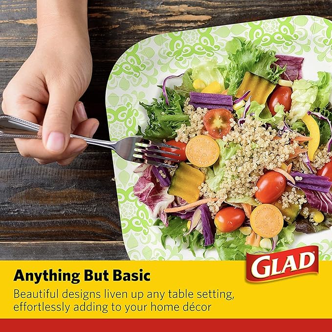 Glad Square Disposable Paper Plates, Green Victorian Pattern - Strong, Sturdy, Soak Proof, and Microwavable Decorative Plates for Dinner and Everyday Use, 10 Inch, 50 Count - 6 Pack