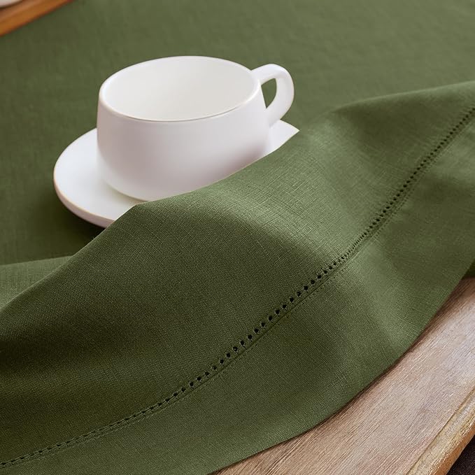 Solino Home Olive Linen Tablecloth 60 x 156 Inch - 100% Pure Linen Classic Hemstitch Table Cloth for Rectangle Tables - Machine Washable Tablecloth for Wedding, Parties, St Patricks Day