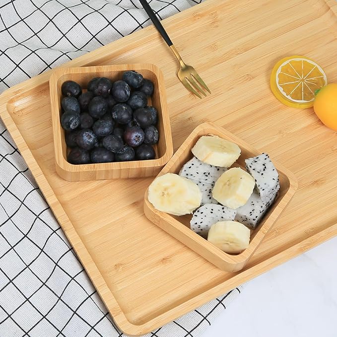 Bamboo Wooden Bowls Set, 4-inch Square Snack Bowls for Appetizers, Dips, Nuts Desserts and More, Small Reusable Wooden Serving Bowl for Dinner Party and Entertaining, Eco Friendly (4 Pcs)
