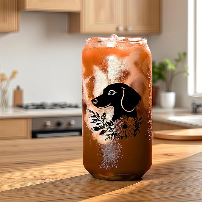 Cute Dachshund Glass Cup With Lids And Straws, Dachshund Gift For Women, Iced, Coffee, Smoothie, Cocktail, Beer, Whiskey, Soda, Matcha,16 Oz, Home Office Table Desk Decoration!