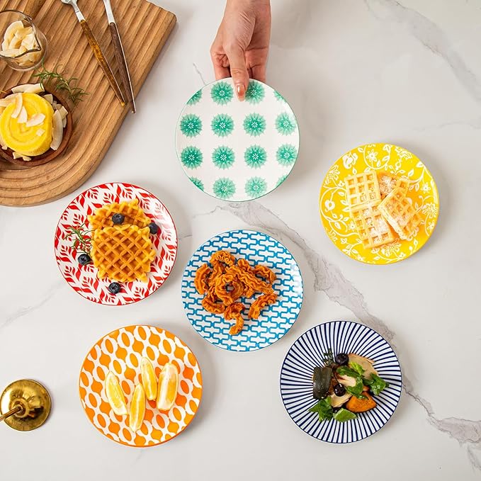 Ceramic Dessert Plates Set - Mini 6 Inch Appetizer Plates for Kitchen - Small Salad Plates for Cake Snacks, Side Dishes - Microwave Dishwasher Safe - Wedding Housewarming Gift - Assorted Colors