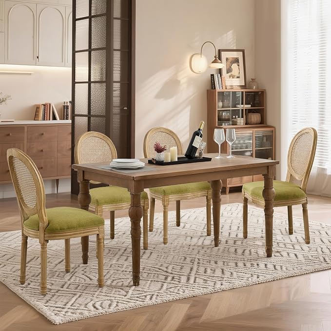 SoarFlash French Dining Chairs Set of 4, Vantage Dining Chair with Round Back, Wood Leg Farmhouse Country Rattan Dining Chair for Kitchen,Bedroom,Olive Green