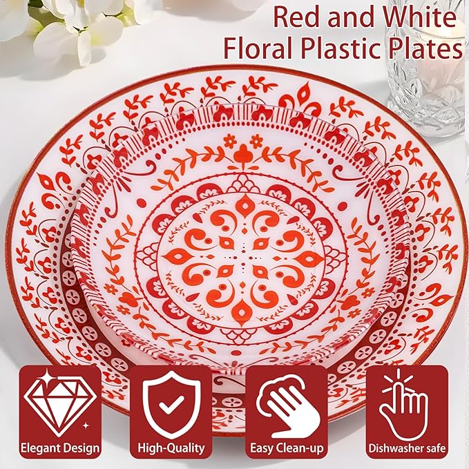 Hioasis 60pcs Red Plastic Plates Set - Floral Red & White Porcelain Design, 10.25" Dinner & 7.5" Dessert Plates Disposable for Christmas (Dishwasher Safe, Traditional Style)