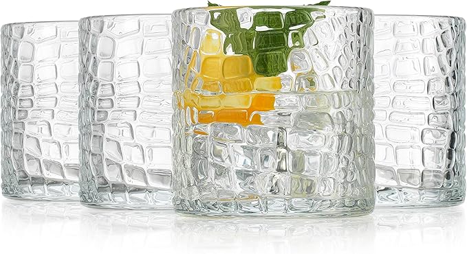 Glaver's DOF Set of 4 Clear 13oz Drinking Glasses Patent Crackle Textured Design Double Old Fashioned Whiskey Glasses Home Everyday Bar Glassware
