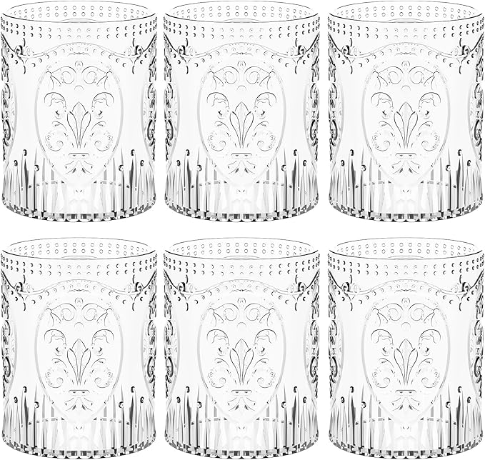 Qinyoung 6 Plastic Vintage Drinking Glasses 8.5oz Stemless Retro Embossed Wine by Qinyoung