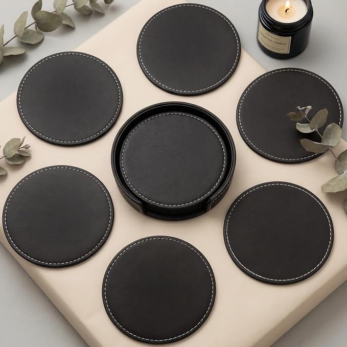 Set of 6 PU Leather Black Bar Drink Coasters - Image 3