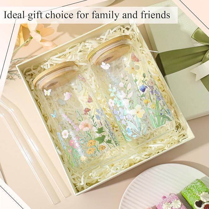 Mumufy 2 Pack Wildflower Glass Cups Gift Aesthetic Cute Glass Cup Tumbler - Image 6