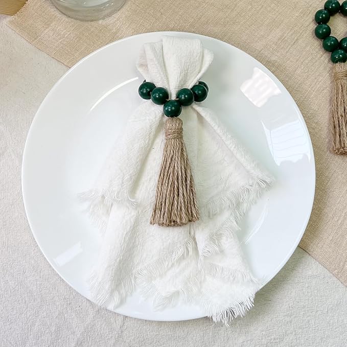 Christmas Napkin Rings Set of 12,Wooden Napkin Rings,Wood Bead Elastic Farmhouse Napkin Ring with Tassel,Boho Napkin Holder for Table Decor,Wedding,Dinner,Party (Dark Green)