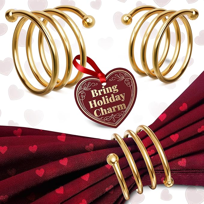 Gold Napkin Rings Set of 8 - Valentine Napkin Rings with Elegant Spiral Design | Durable Metal & Shiny Gold Finish | Great for Weddings, Holidays & Everyday Use | Romantic Valentine Table Decoration