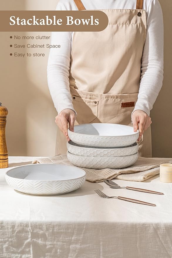 Embossed Ceramic Pasta Bowls, 42 oz Bowl Plates Set,9-Inch Large Serving Bowls Set of 4, Perfect for Pasta, Salad, Fruit, Sturdy&Stackable, Microwave & Dishwasher Safe