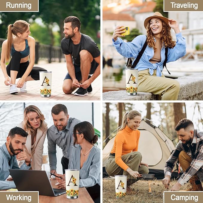 Sunflower Gifts for Women - Personalized Christmas Gifts for Women - Birthday Gift for Woman - Mothers Day Gift for Mom - Monogrammed, Initial 20oz Travel Cup Insulated Tumbler with Lid, A