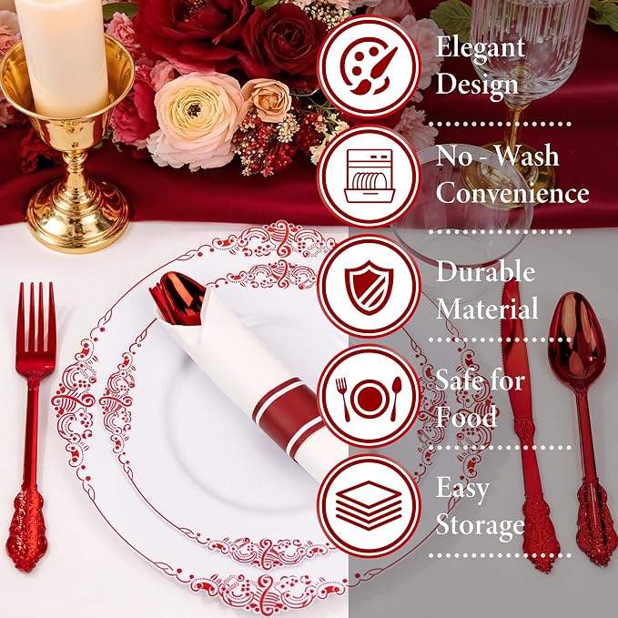 Nervure 350Pcs Red Plastic Plates, Plastic Dinnerware Set - Image 9