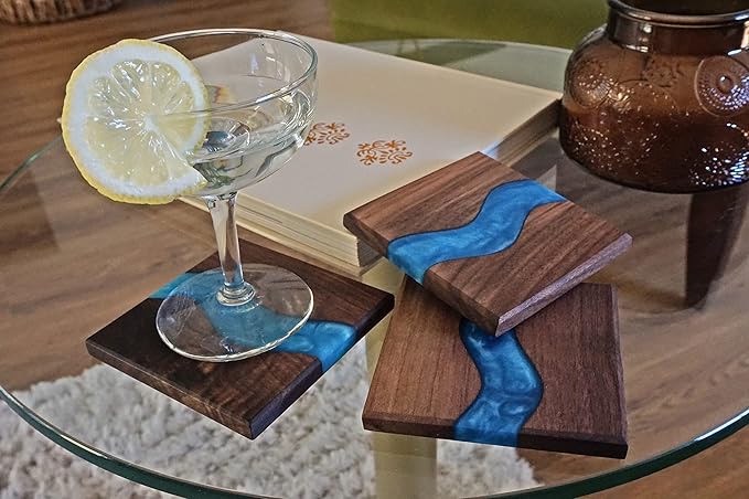 Generic Wood Coaster Set for Drinks | Handmade with Dark Walnut & Natural Wood Sealant Finish for Water Resistance, Easy Cleaning & No Stains | Epoxy Resin River (4 Pieces) (Blue)