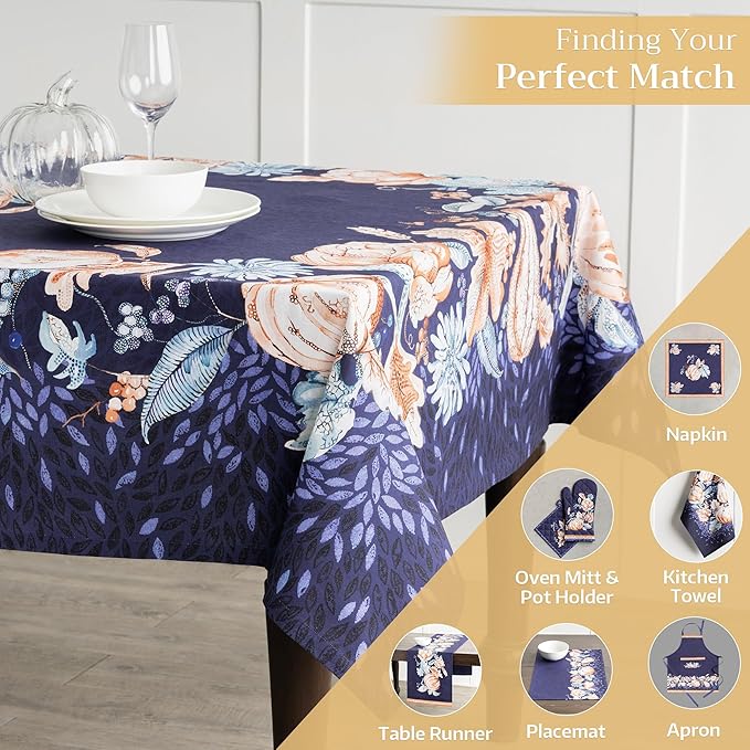 Maison d' Hermine Table Cloth Rectangle Table 100% Cotton 60 x 108 Inches Fall Tablecloth Reusable Everyday Use for Thanksgiving Christmas Decorations Dining Farmhouse Party (Pumpkin Blues)