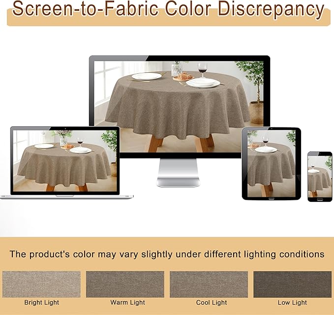 JIUZHEN Round Table Cloth Faux Linen Farmhouse Tablecloth Wrinkle and Stain Resistant Decorative Fabric Table Cover for Kitchen, Dining Room, Parties and Camping, Khaki, 90 Inch Round