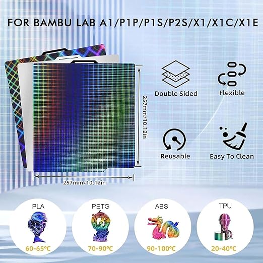 IdeaFormer Smooth Rainbow Plaid+Rainbow Mesh PES Build Plate 257x257mm, PES Spring Steel Sheet Platform for Bambu Lab A1/X1C/X1/X1E/P1P/P1S 3D Printers Bed