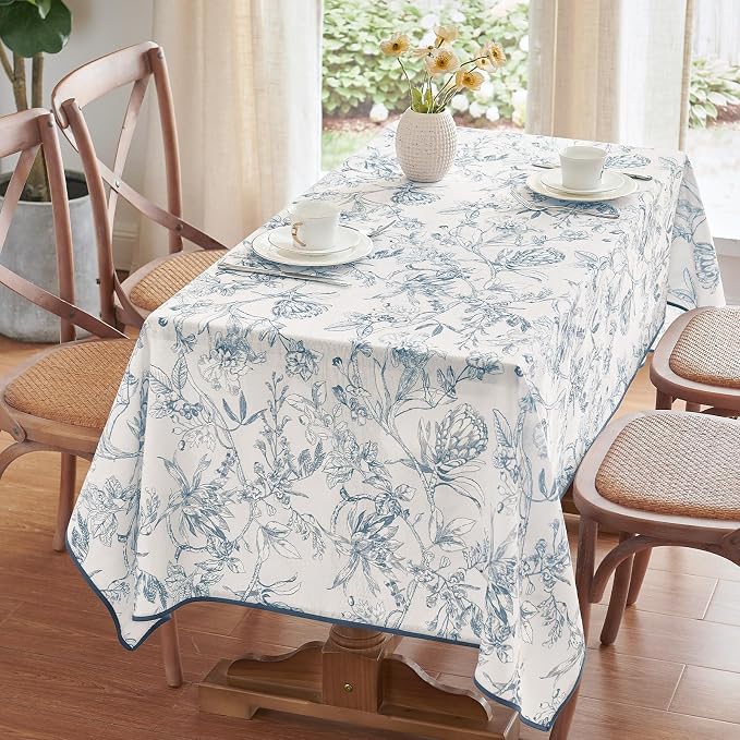 jinchan Blue Floral Linen Rectangle Table Cloth 50 x 84 Inch | Extended table - Image 2