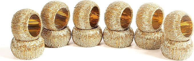 Napkin Ring Gold, Napkin Rings Set of 12, Beaded Napkin Holders, Round Napkin Rings Bulk for Christmas Party Decoration, Dinning Table, Everyday, Family Gatherings - Set Your Table with Style - Gold