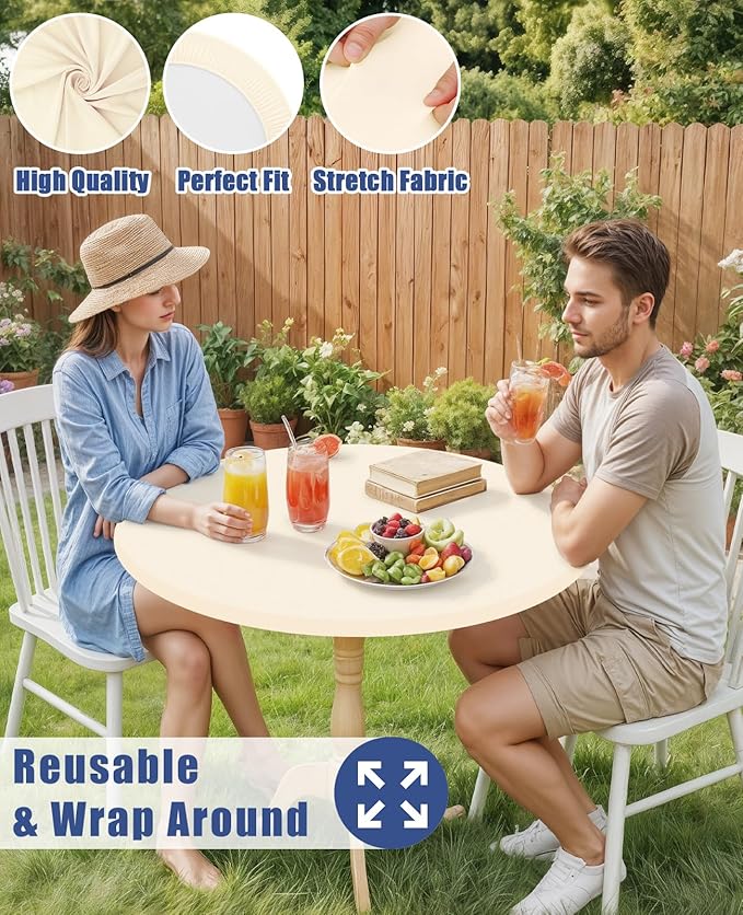 Round Spandex Tablecloth, Elastic Fitted Waterproof Tablecloths for 45"-56" Tables, Stretch Washable Picnic Table Cover for Camping, Dining, Indoor and Outdoor, Beige