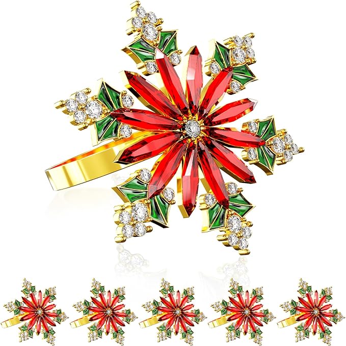 ZeeDix Christmas Crystal Snowflake Napkin Rings Set of 6- Rustic Dinner Tables Setting Decoration for Wedding Receptions, Christmas Holiday Party Dinner Parties