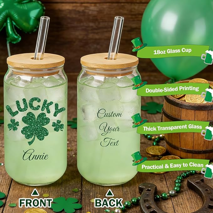 Mason Life St Patrick's Day Personalized Glass Tumbler, 18 OZ Cute Glass Cup with Lid and Straw, Lucky Clover Beer Can Glass, Personalized St.Patrick's Day Gift for Women Girls