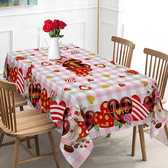 Valentines Day Tablecloth, Valentines Tablecloth Rectangle 52 x 70 with Red Heart and Roses, Valentines Oblong Table Cloth Gnome Holiday Kitchen Table Cover for Dining Room Indoor Decor