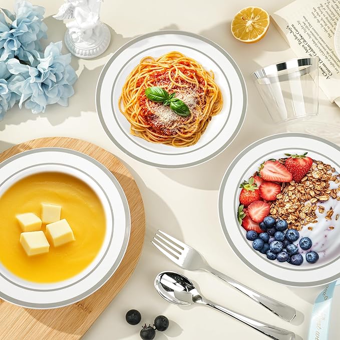 BESTVIP 100 Pack 12 oz Plastic Disposable Soup Bowls, White Dessert Bowls with Silver Rim, Heavy-duty Salad Bowl for Party, Wedding, Christmas, Dinner, Catering
