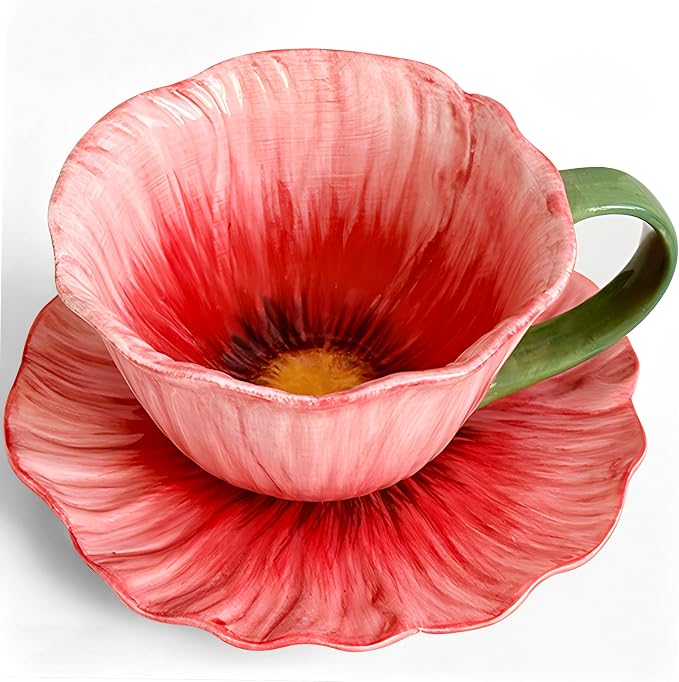10 oz Tea Cups and Saucers, Ceramic Flower-shaped Cappuccino Cup, Latte Cup and by JUSONEY
