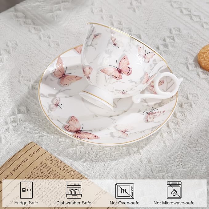 fanquare 6oz Pink Butterflies Porcelain Tea Cups and Saucers Set of 6 | Elegant - Image 2