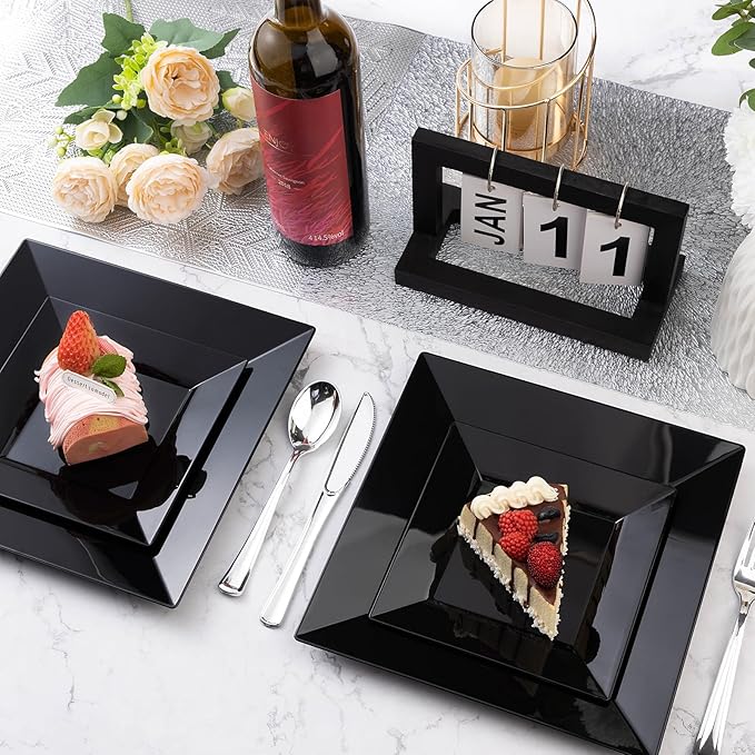 Goodluck 100 Black Pack Disposable Square Plastic Plates, Heavy Duty 50 Dinner Plates 9.5" and 50 Dessert Plates 6.5", Fancy Disposable Plates for Wedding, Holiday Party, Birthday, Halloween