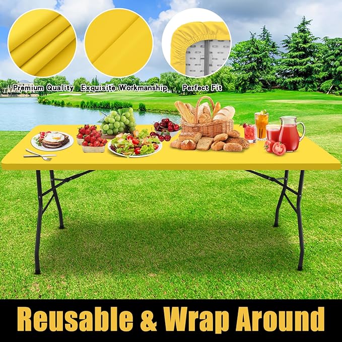 Smiry Rectangle Picnic Table Cloth, Waterproof Elastic Fitted Tablecloths for 8 Foot Tables, Washable Polyester Table Cover for Camping, Indoor and Outdoor (Yellow, 30"x96")