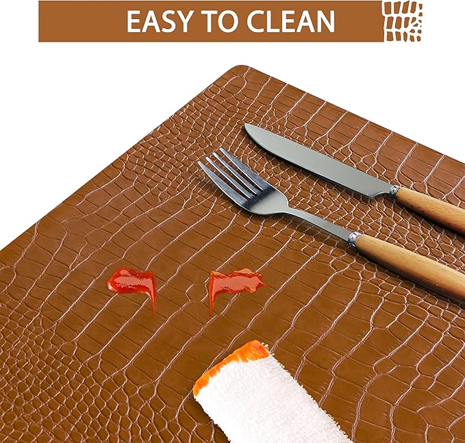 Jovono Faux Leather Placemats Set of 8, Waterproof Heat Resistant Dinner Place Mats for Dining Table, Non-Slip Crocodile Embossed, Brown (17.8x11.8 Inch)