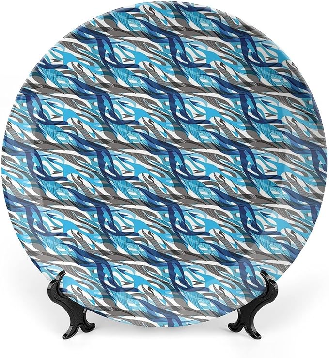 Ceramic Plates, Abstract Decorative Ceramic Plates, Modern Art Stripes Swirls Waves Trippy, 10 Inch, Household Plates Decorative, Grey Blue White
