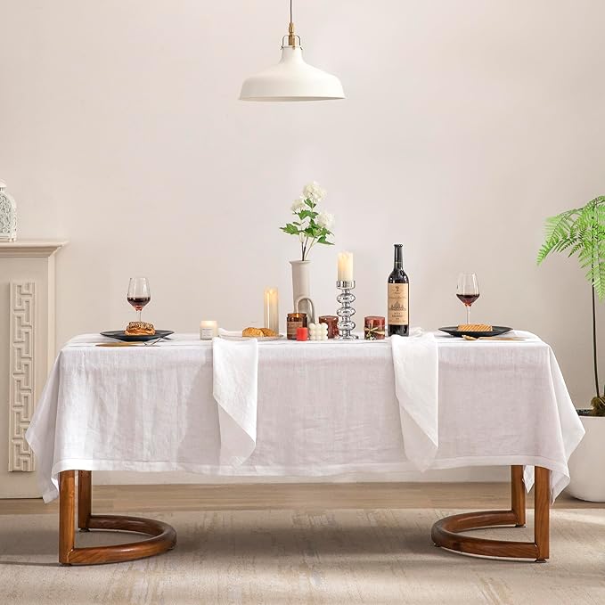 EVERLY Pure Linen Hemstitch Tablecloth,100% Stonewashed French Linen tablecloths for Kitchen Dining Rectangle Tables,60x132Inch Machine Washable Christmas Thanksgiving Organic Tablecloth-White