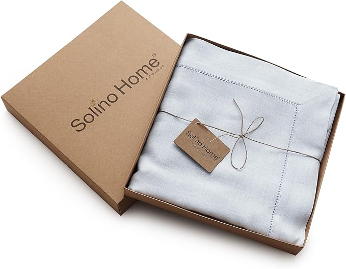 Solino Home Light Blue Linen Tablecloth 60 x 144 Inch - 100% Pure Linen Hemstitch Table Cloth for Rectangle Tables - Classic Hemstitch, Machine Washable Tablecloth for Spring, Easter