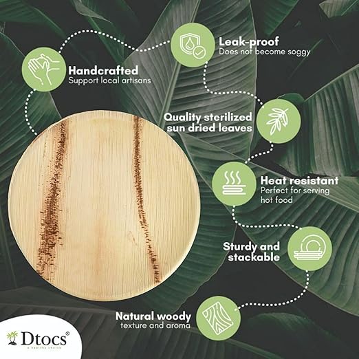 Dtocs Palm Leaf Plates 10 Inch Round (100) | Bamboo Plates Disposable Like Compostable Dinnerware Set for Party, Dinner, Serving Platters, Charcuterie Boards | Alternate to Plastic, Wood, Paper Plate