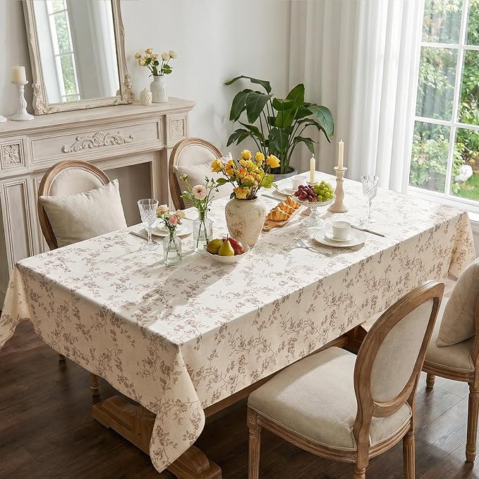 jinchan Taupe Farmhouse Floral Linen Rectangle Table Cloth 52 x 70 Inch | - Image 3