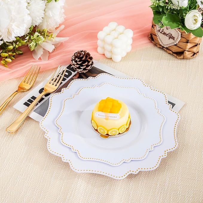 COLOSUS 60pcs Disposable Plastic Plates Set, Gold White Party Plates, 30pcs Dinner Plates and 30pcs Salad/Dessert Plates for Wedding, Party, Anniversary, Daily Use,New Year